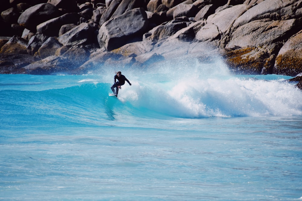 a man riding a wave on top of a surfboard