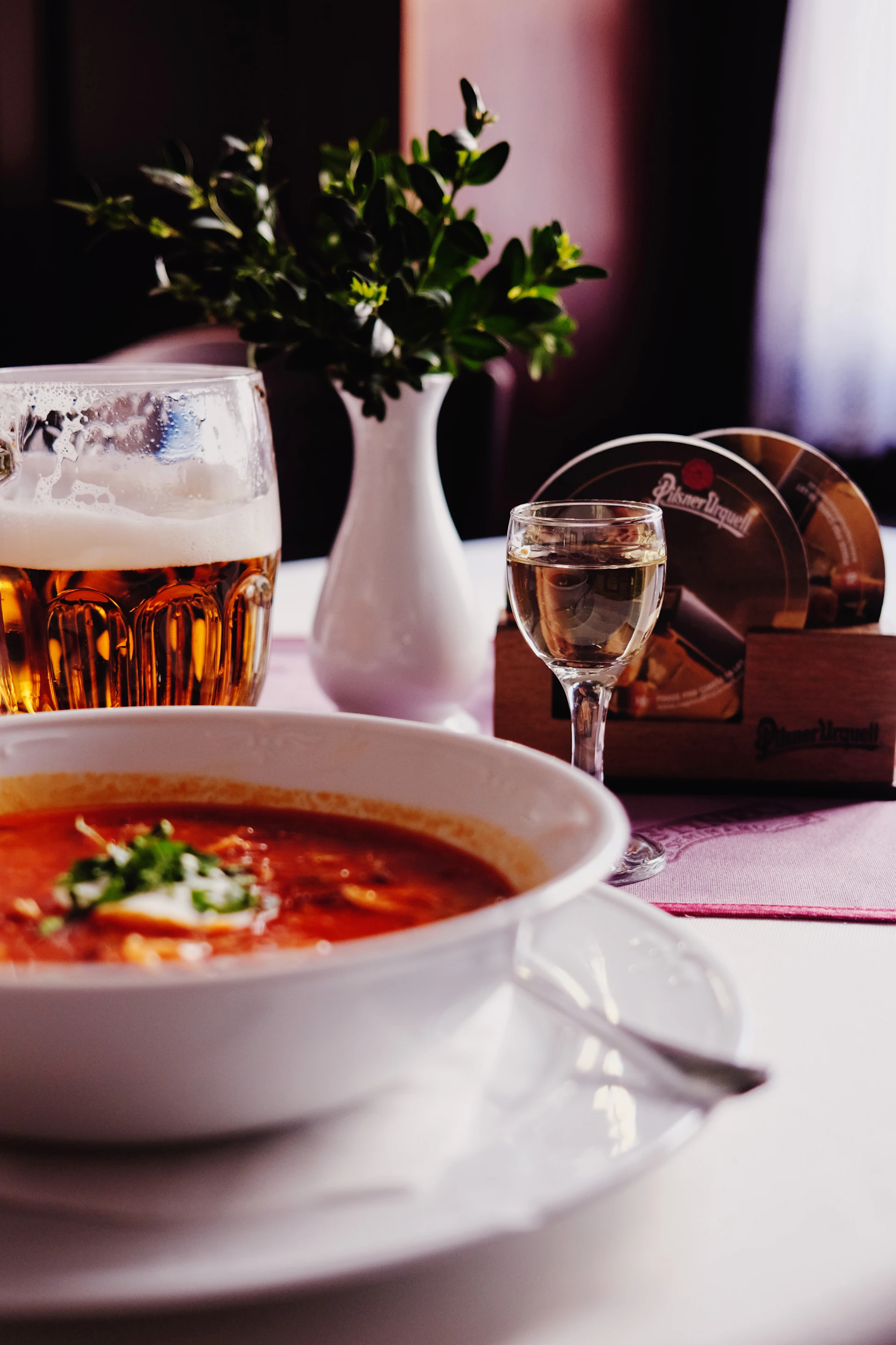 A cozy diner scene showing a bowl of hearty soup and a bottle of local beer on a checkered tablecloth.