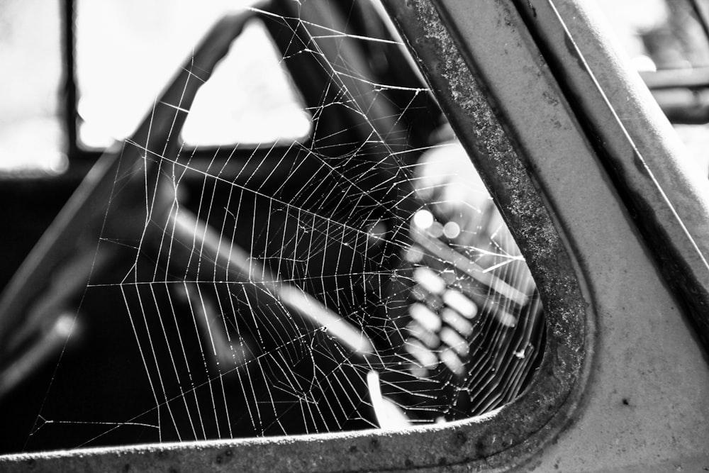 a spider web hanging from the side of a car window