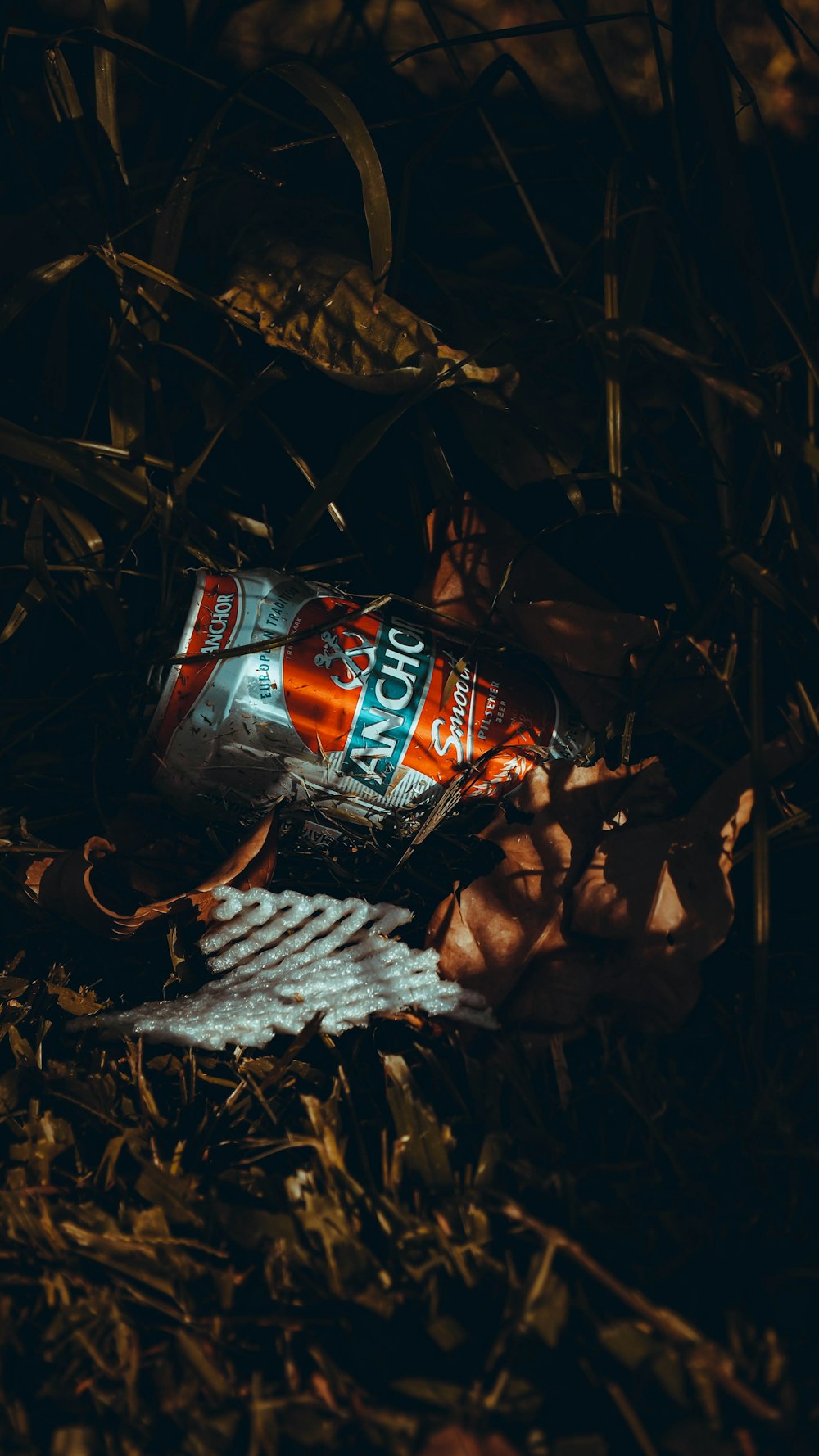 a can of soda sitting on top of a grass covered field