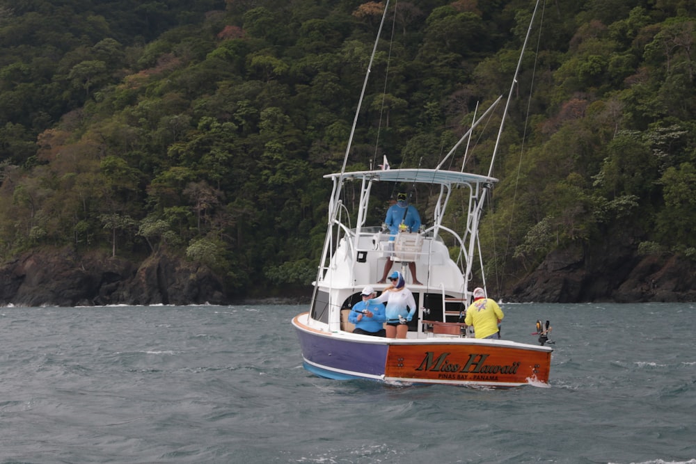 a group of people on a boat in the water