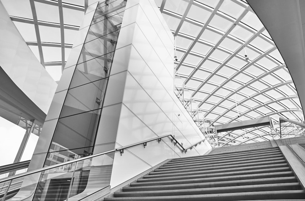 a black and white photo of a staircase