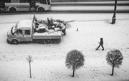 Workers are shoveling snow from the back of a truck parked on a snowy street, while a person walks nearby holding an umbrella. A line of parked vehicles is visible on the road in the background, and neat rows of bushes appear in the foreground covered with snow.