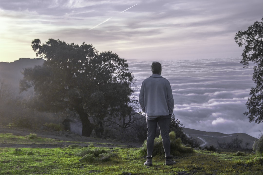 Adult man alone look in foggy landscape during sunset ... Thank you for donation ♥️