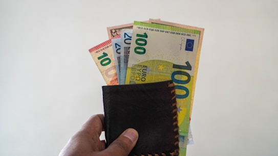 A hand holding a wallet with multiple euro banknotes sticking out, including denominations of 10, 20, and 100 euros. The background is plain and light-colored, emphasizing the focus on the wallet and money.