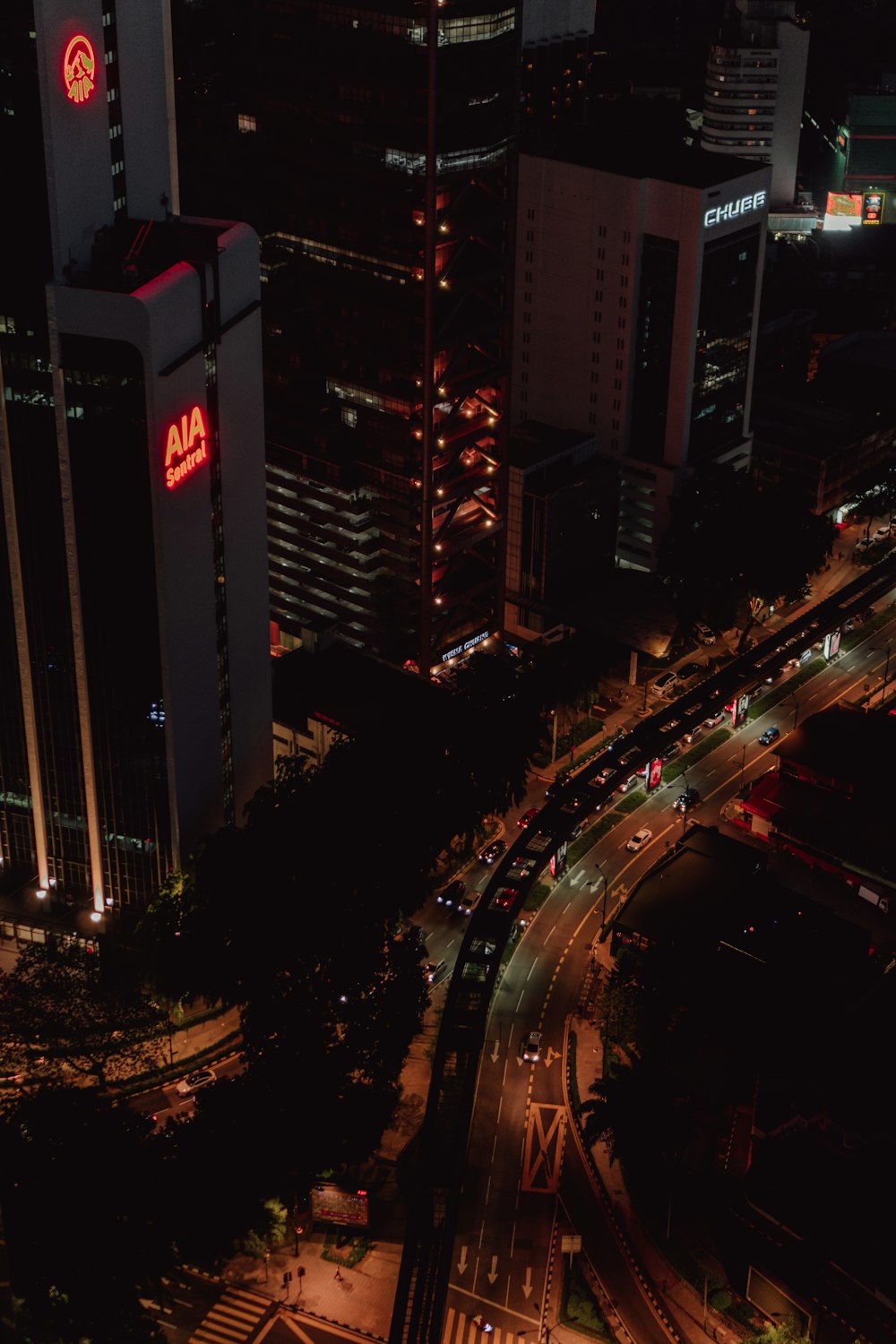 an aerial view of a city at night