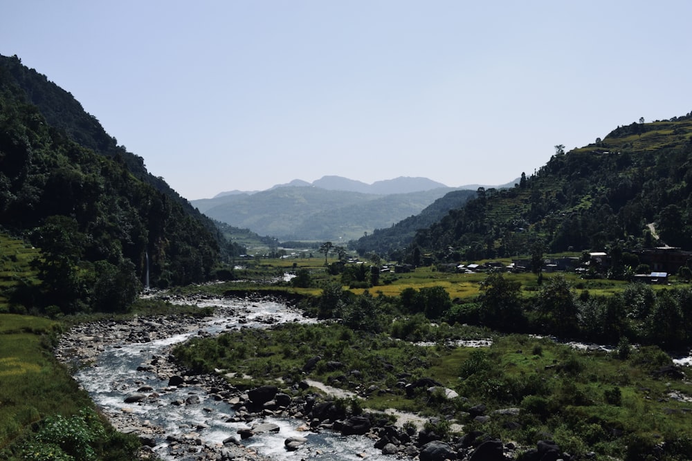 a river running through a lush green valley