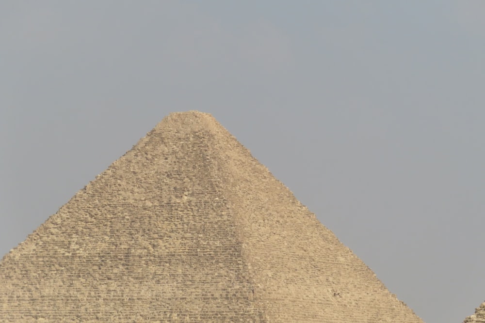 a giraffe standing in front of a very tall pyramid