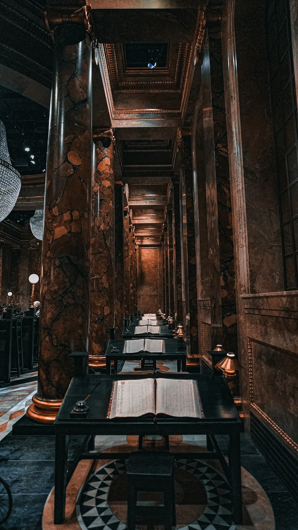 a long table with a book on top of it