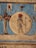 An ancient Egyptian carving depicting a deity figure holding a staff, set against a circular background. The figure is accompanied by another figure with a headpiece, both presented in traditional Egyptian attire and art style. Vibrant colors like red and blue accentuate the image, and hieroglyphic motifs decorate the surrounding space.