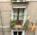 A small balcony with potted plants and a hanging colorful flag. The balcony features a wooden door with curtains. There are clotheslines with a yellow clothespin attached.