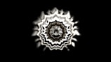 A black background highlights a symmetrical, abstract pattern resembling a radial wave or sound wave emanating from the center. The design features intricate, wavy lines with a metallic sheen, creating a 3D effect.