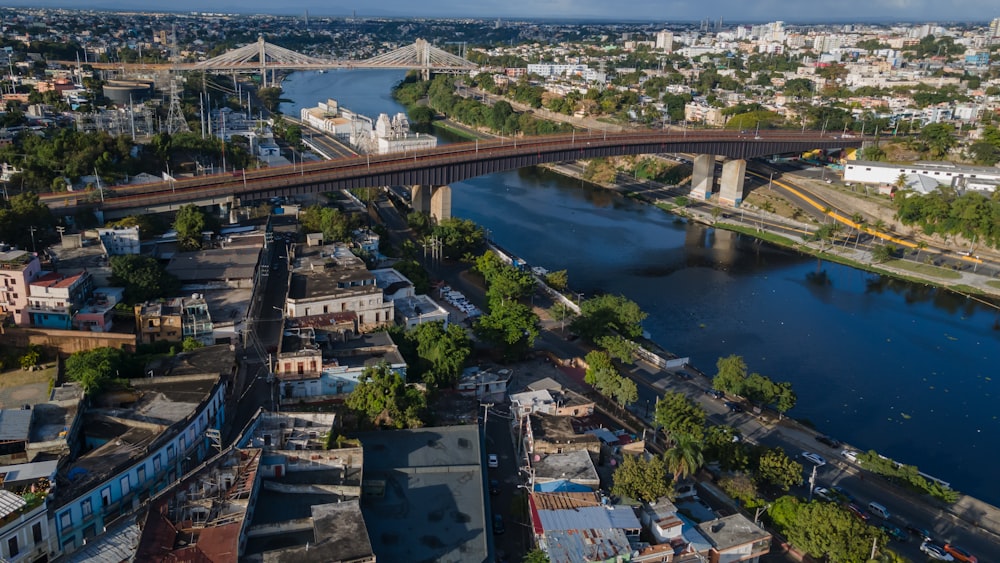 an aerial view of a bridge over a river