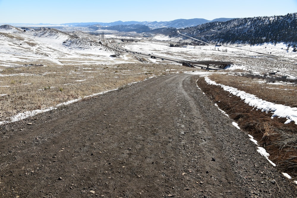 uma estrada de terra cercada por montanhas cobertas de neve
