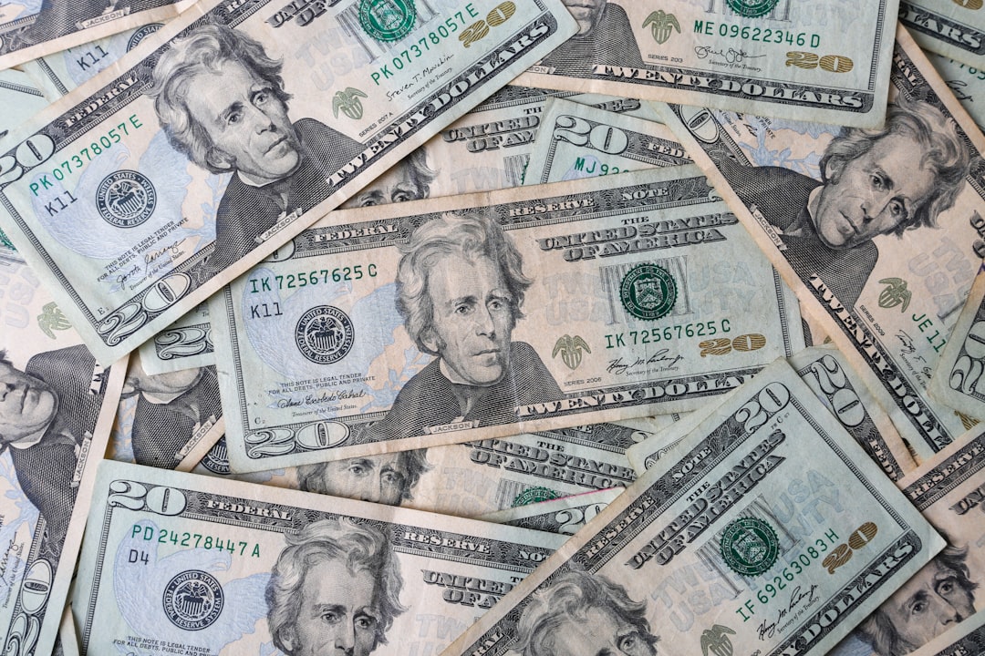 a pile of twenty dollar bills laying on top of each other,