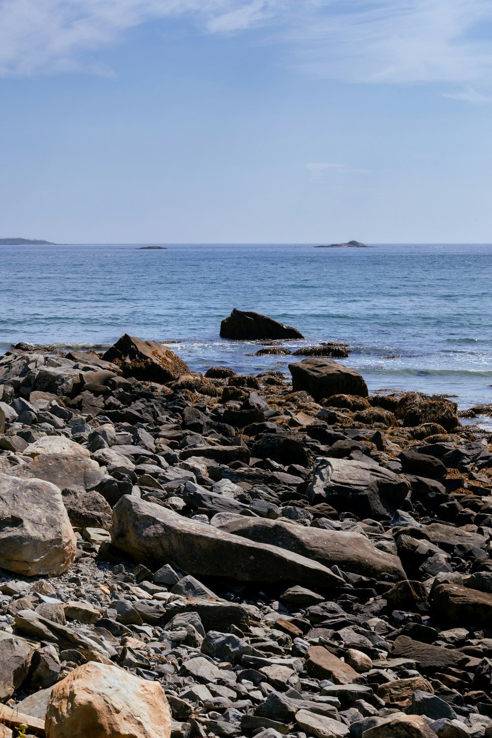 a rocky beach with a body of water in the background