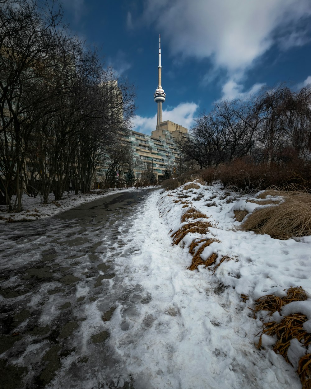 a snowy path with a building in the background