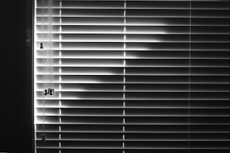Horizontal blinds cover a window, with light creating a pattern of alternating light and dark stripes. The pull cords hang on the left side, casting small shadows.