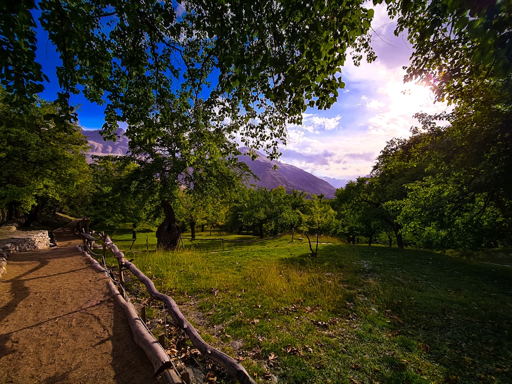 a grassy field with a wooden fence and mountains in the background