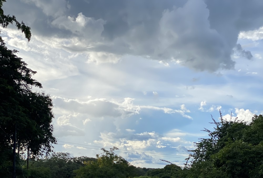 a cloudy sky over some trees and bushes