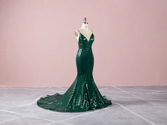 An elegant gold-accented evening gown draped on a mannequin, glowing softly under warm lighting.