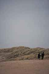 Couple walking hand-in-hand on a terracotta-toned path with soft sandy dunes around them.