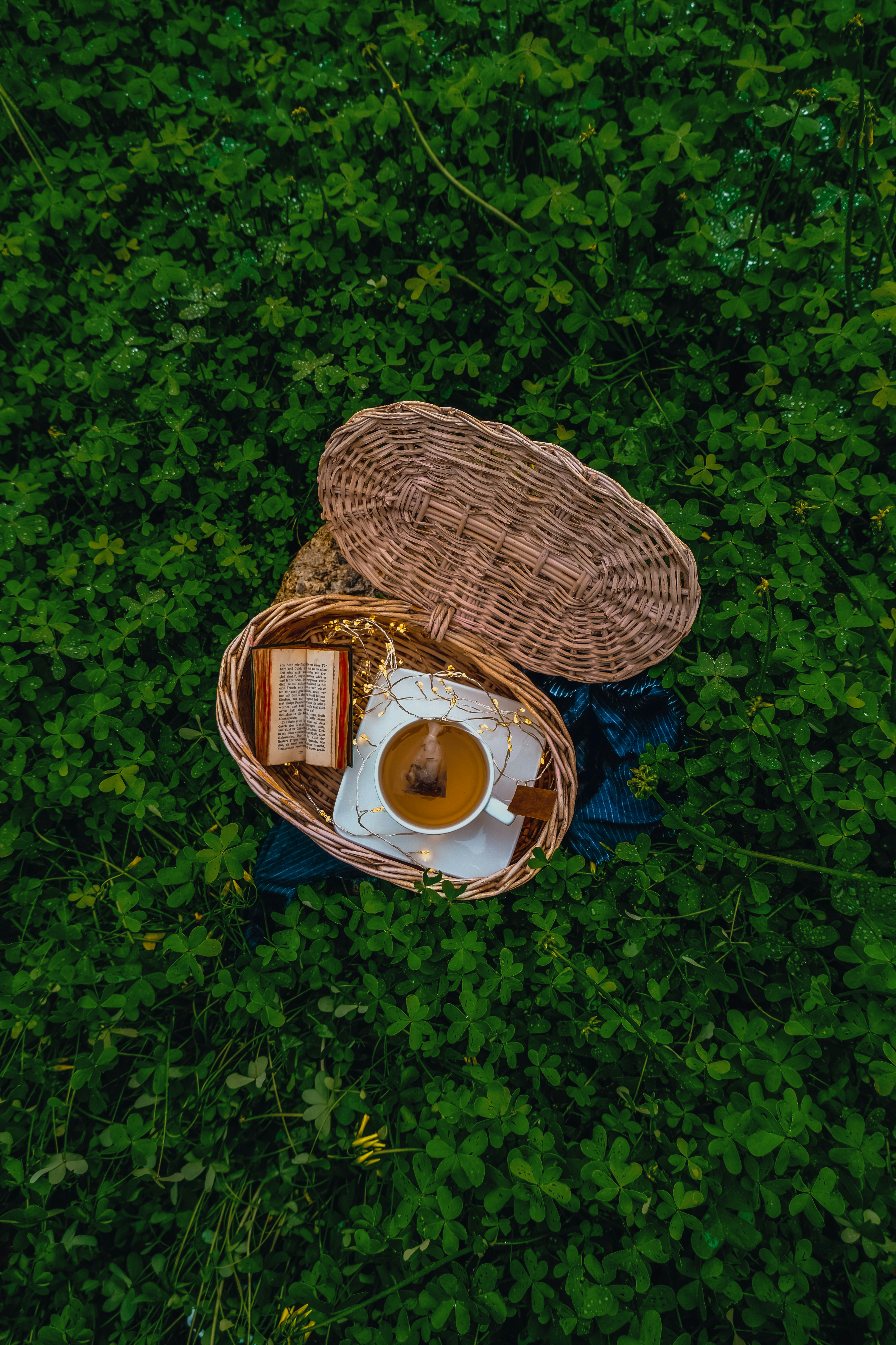 a wicker basket with a cup of coffee and a book