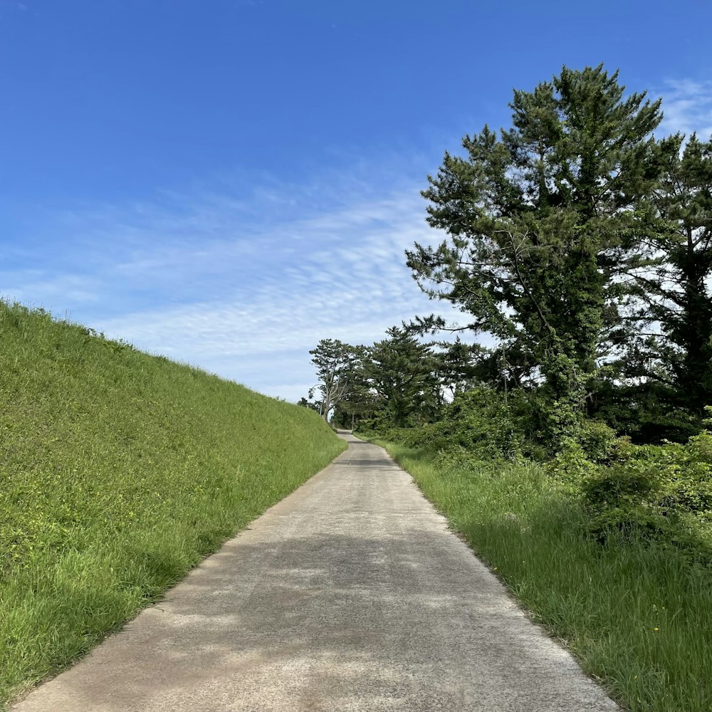 a dirt road with a grassy hill in the background