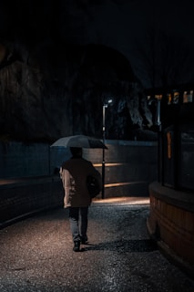 A lone figure with an umbrella walking past a row of glowing vending machines at night.