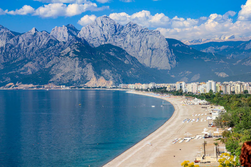 Antalya beach with the Taurus foothills receding into haze