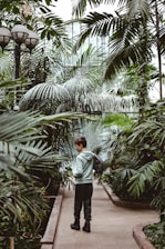 A person standing in a lush greenhouse, surrounded by various large green plants and palm trees. The setting is serene with natural light filtering through the glass structure. The person is wearing casual clothing and carrying a backpack, gazing at the foliage.