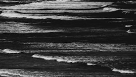 Black and white waves rhythmically rolling across the ocean's surface, creating a dynamic and dramatic scene. The texture and contrast of light and shadow highlight the movement and energy of the sea.