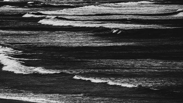 Waves in a body of water move rhythmically toward the shore, creating a serene yet dynamic pattern. The image is monochrome, emphasizing the contrast between the white crests of the waves and the darker water beneath.