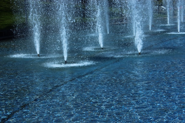 Several water fountains are arranged in a row, jetting streams of water high into the air above a calm pool with a textured surface. The water appears clear, and the overall atmosphere is serene and peaceful. Surrounding the fountains, there is a grassy area and some trees that provide a natural backdrop.