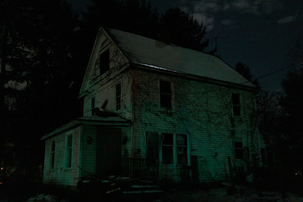 An abandoned, dimly lit house with broken windows and creeping vines