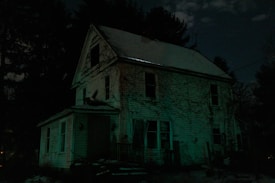 A dark, eerie house covered in vines and surrounded by trees. The structure appears neglected, with peeling paint and broken windows. The lighting gives off a greenish hue, enhancing the haunted appearance.