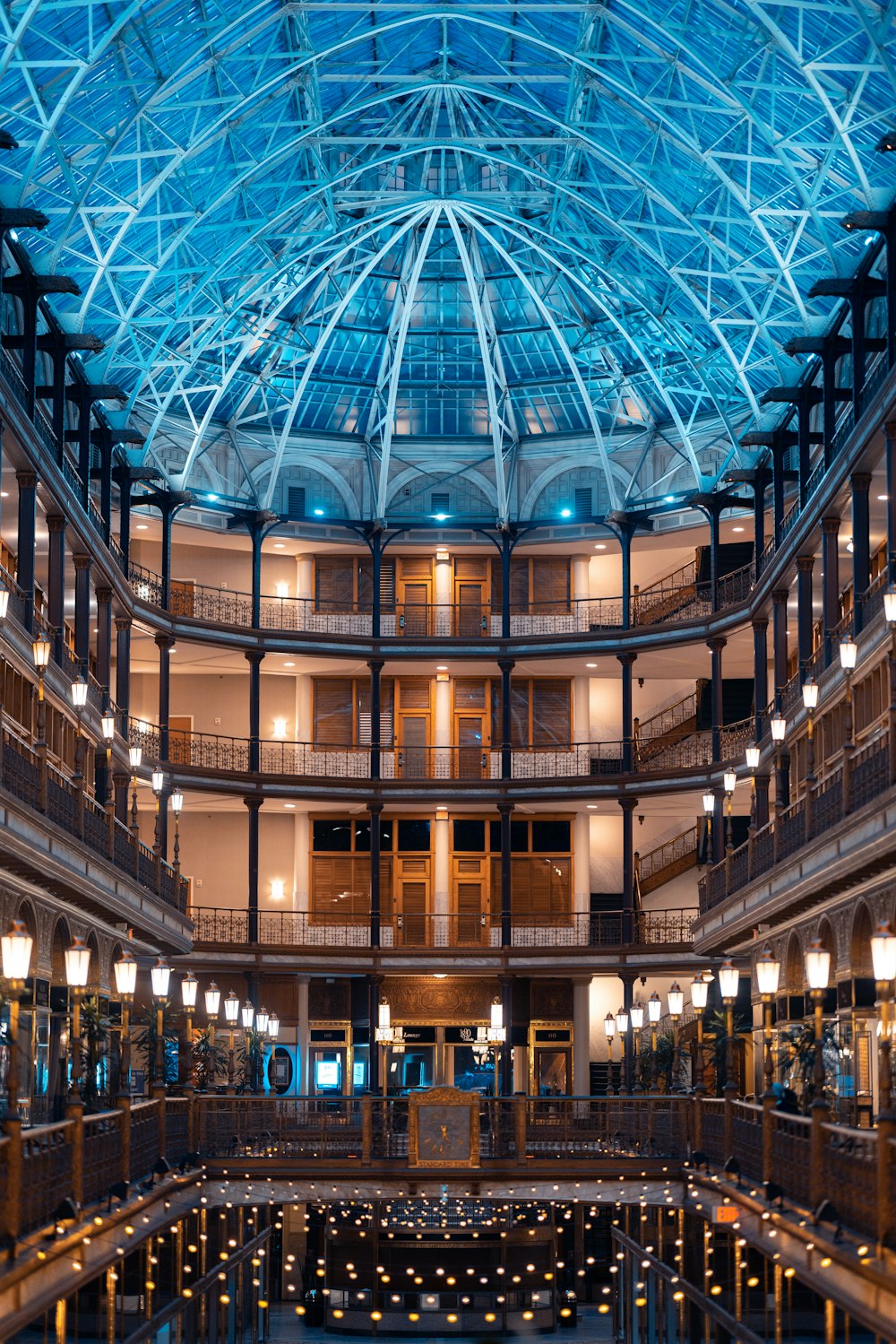 the inside of a large building with a glass ceiling