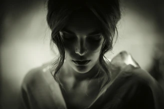 A striking black-and-white portrait of a woman caught in a moment of quiet reflection, showcasing Juan Martinez's keen eye for emotion.
