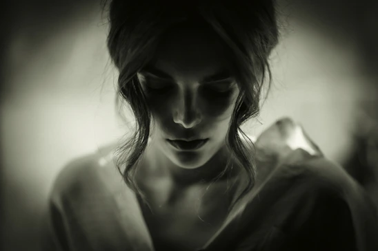 A moody black-and-white portrait of model Pauline Pastel, capturing her thoughtful gaze in soft shadows.
