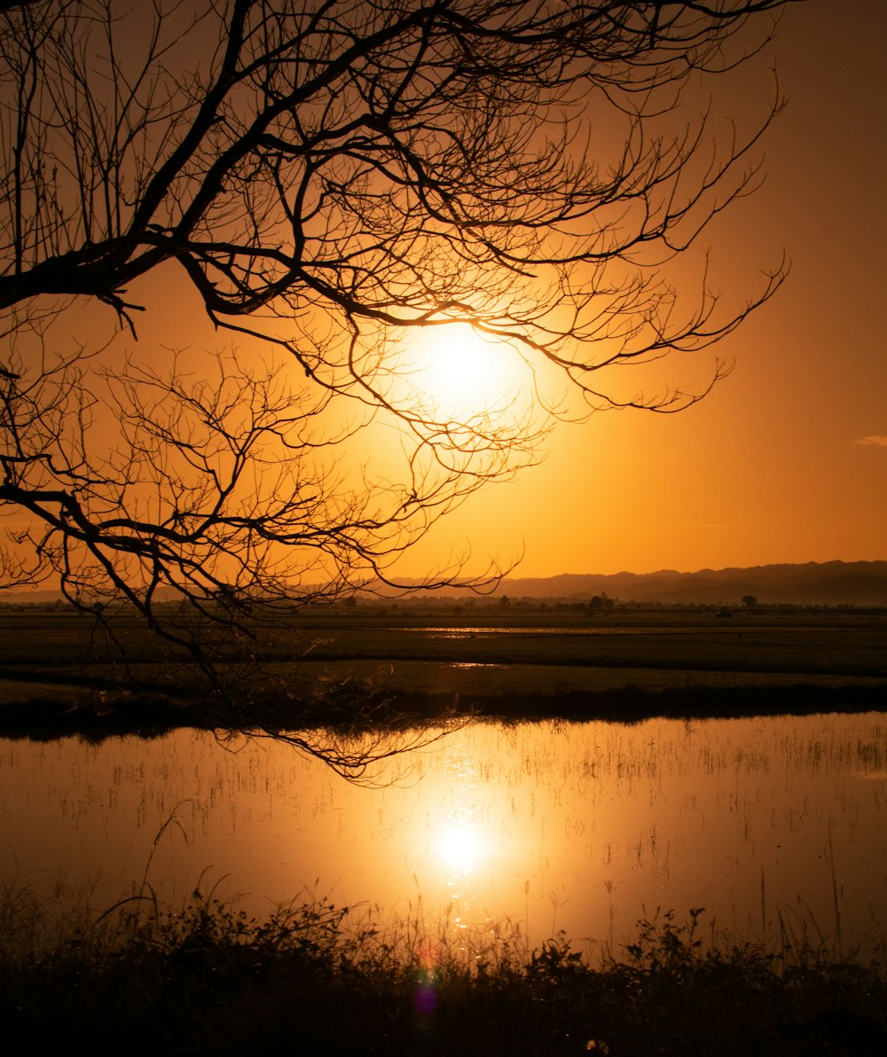 the sun is setting over a body of water