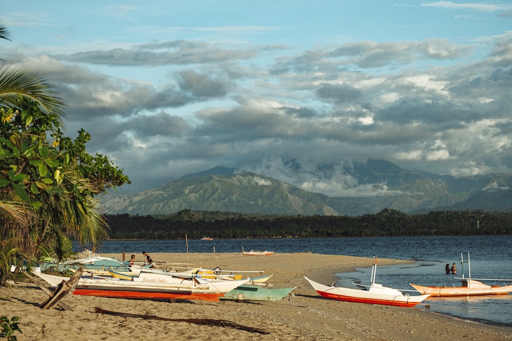 a group of boats sitting on top of a sandy beach