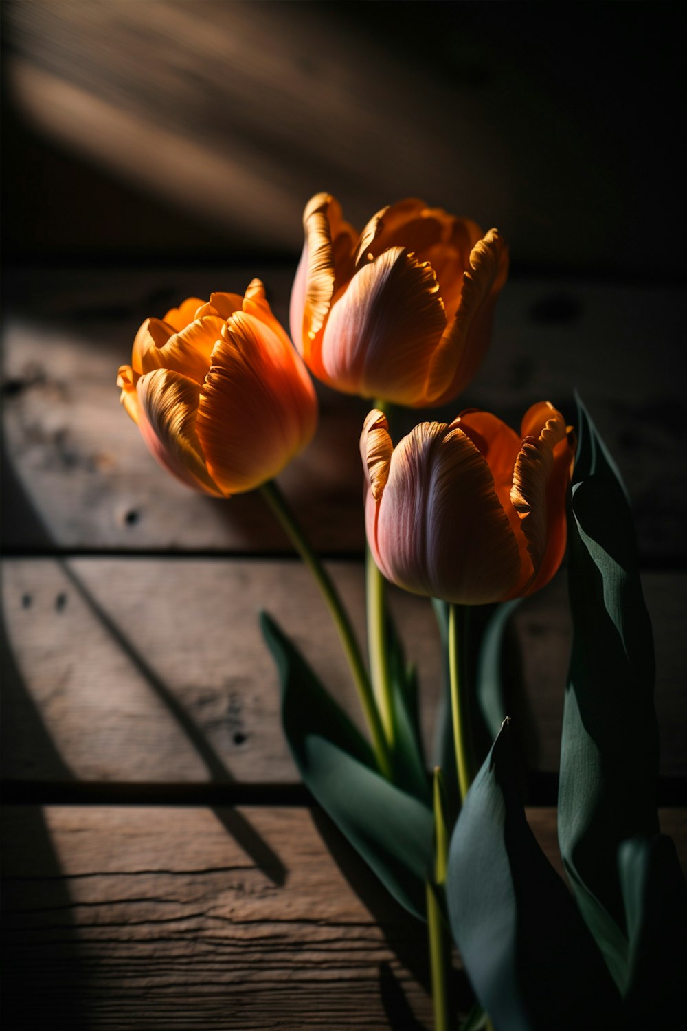 three orange tulips sitting on top of a wooden table