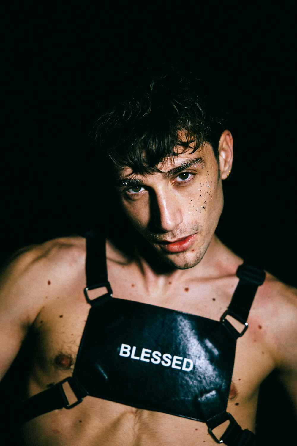 a shirtless man wearing a leather harness