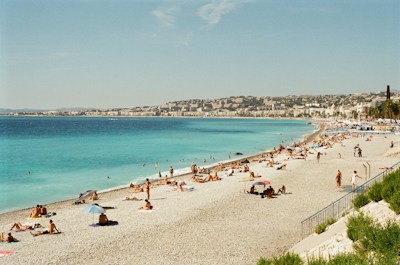 A curved city beach along a bay