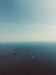 A fleet of ships sailing on calm blue waters under a clear sky