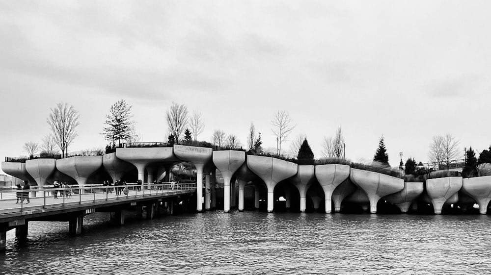 a black and white photo of a bridge over a body of water