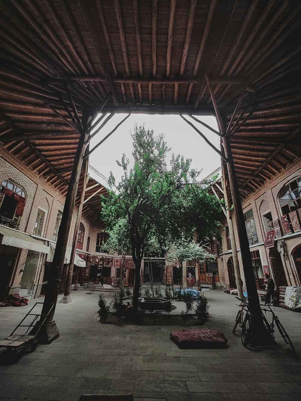 a courtyard with a tree in the middle of it