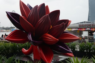 A large, vibrant sculpture resembling a partially open flower bud with thick red and purple petals is surrounded by greenery. In the background, a building with a sign 'Singapore River' can be seen, along with people walking nearby and a body of water. The sky appears overcast.
