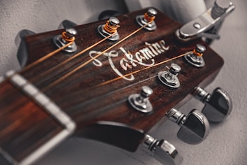 A close-up image of a guitar headstock featuring tuning pegs and strings. The brand name is visible on the dark wooden surface, with metal hardware adding a sleek, precise look.