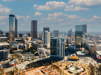 a view of a city with a ferris wheel in the foreground